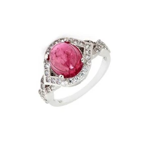 Pink Tourmaline with White Topaz Halo Sterling Silver Ring in oval cut cabochon - Picture 1 of 5