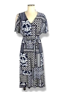 Blue Patchwork Tie-Dye Print Asymmetrical Dress with Tie Size 2X 18 20 Plus Sz - Picture 1 of 8
