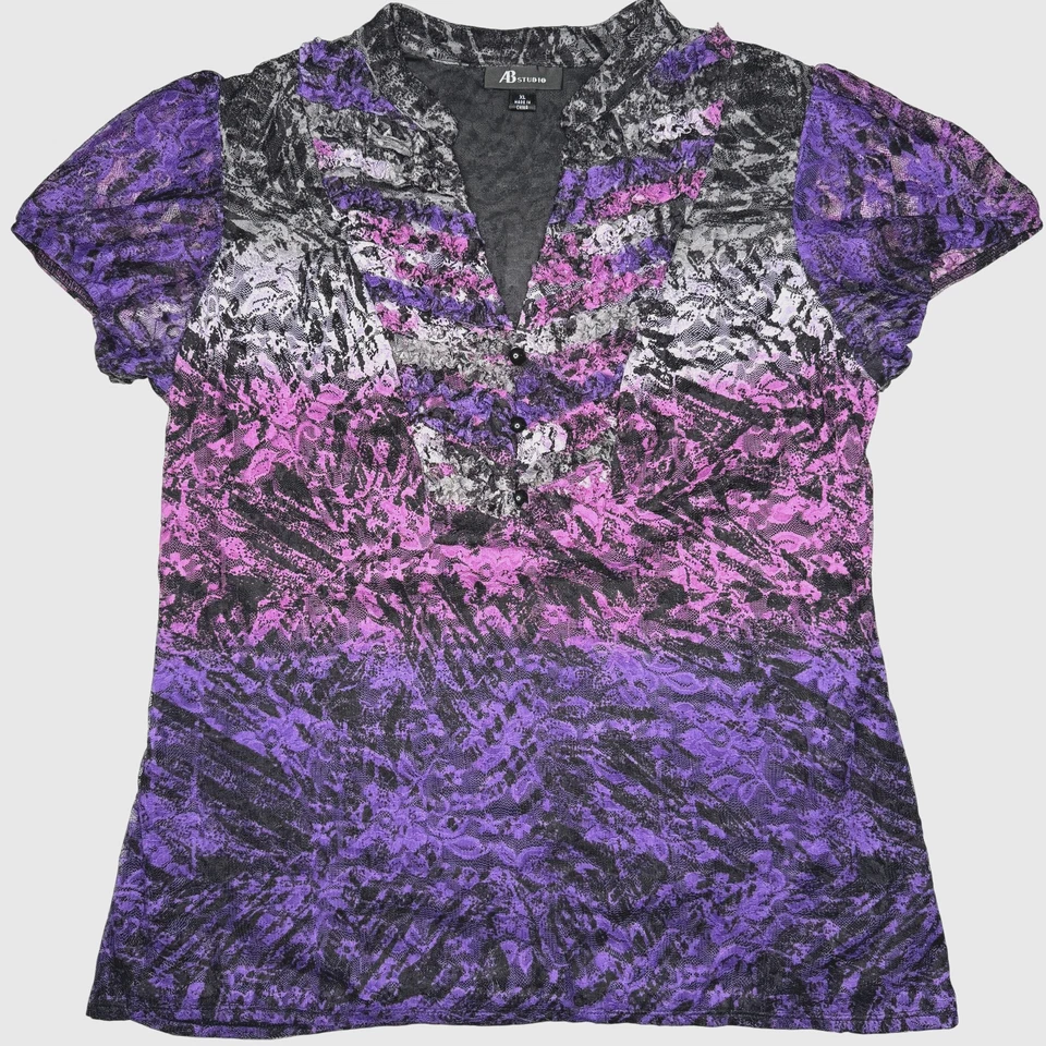 Camisa AB Studio Mujer XL Púrpura Negra Ombre Encaje Transparente Forrada Manga Corta Foto 1 de 4