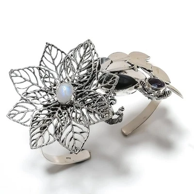 Labradorite, Amethyst Gemstone 925 Sterling Silver Cuff Bangle Adjustable F334 - Image 1 of 3