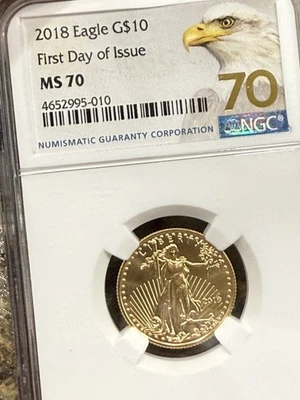 ¡¡Oro de $10 2018!! MS70 ¡Primer día de emisión! Hermosa etiqueta de águila.  ¡Espectacular! Foto 1 de 2
