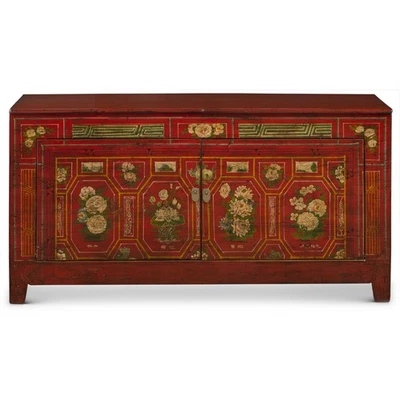 VENDEDOR DE EE. UU. - Armario aparador chino con motivo floral de olmo rojo envejecido Foto 1 de 4