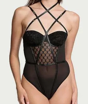 NUEVO CON ETIQUETAS VICTORIA'S SECRET IMITACIÓN CUERO CORREA LOGOTIPO PELUCHE BODY LENCERÍA - XL Foto 1 de 3