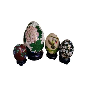Vintage 4er Set asiatische Cloisonne Eier Emaille Messing Eier Dekor 3 verschiedene Größen - Bild 1 von 9