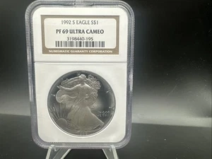 1992 S PROOF SILVER EAGLE NGC PF69 ULTRA CAMEO CLASSIC BROWN LABEL - 195 - Picture 1 of 4