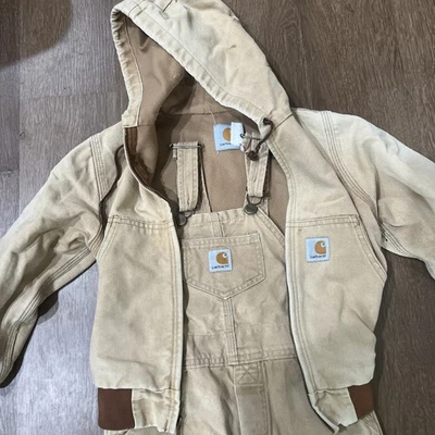 Vintage 90s Carhartt Insulated Coat Jacket & Overalls Bibs Kids Small Distressed - Image 1 of 4