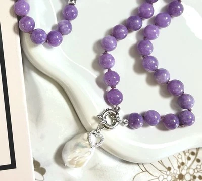 Collana Artigianale argento 925, Giada e Ciondolo Perla Barocca AAA e Cuore - Immagine 1 di 3