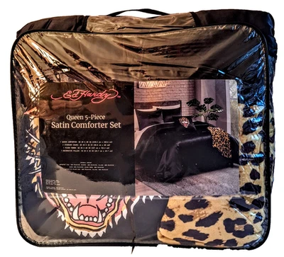 Ed Hardy Black Satin 5 pc set QUEEN Comforter Leopard Print Blanket Pillow Shams - Image 1 of 4