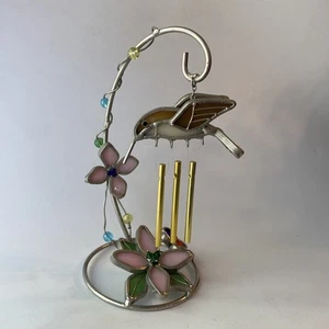 Stained Glass Floral Stand W/ Hanging Hummingbird Wind Chime Beaded VTG - Picture 1 of 10