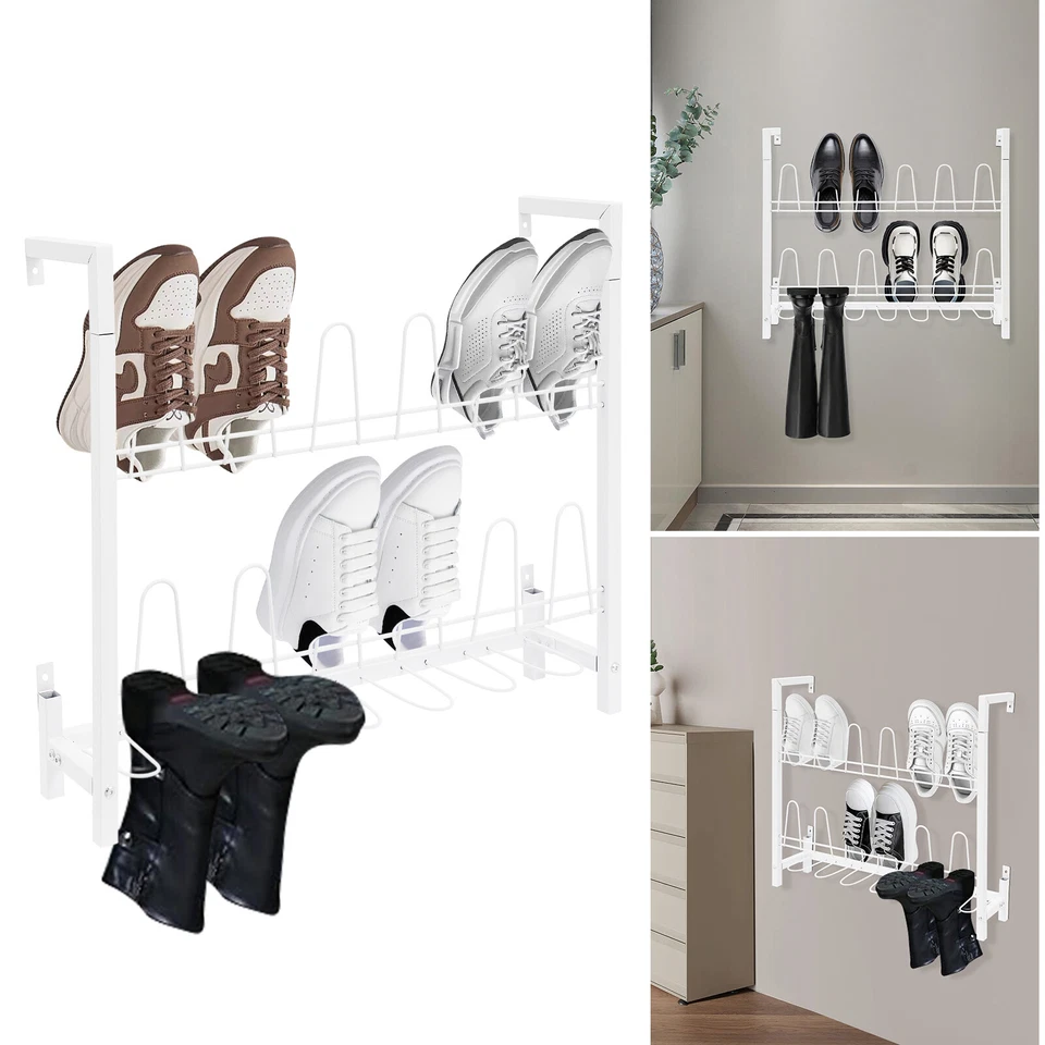 Zapatero montado en la pared de 3 niveles, organizador de zapatos colgante de alambre de metal blanco Foto 1 de 4