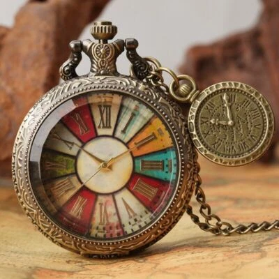 Steampunk Colorful Roman Number Dial Unisex Quartz Pocket Watch Necklace Chain - Image 1 of 4