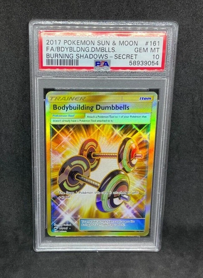 Pokemon SM Burning Shadows Bodybuilding Dumbbells 161/147 Gold Rare Holo PSA 10 - Image 1 of 1