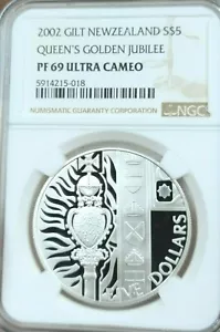 2002 NEW ZEALAND SILVER 5 DOLLARS QUEENS GOLDEN JUBILEE NGC PF 69 ULTRA CAMEO ! - Picture 1 of 4