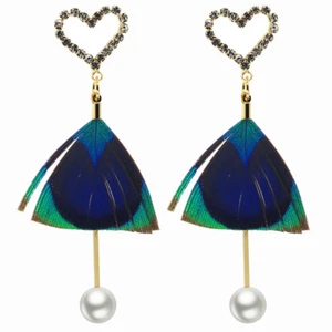 Peacock Feather Ladies Earrings Drop Dangle Style with Rhinestones Heart Studs - Picture 1 of 1