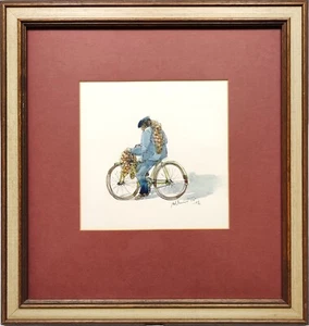 ALBIN TROWSKI - ONION SELLER ON BICYCLE - SIGNED ORIGINAL WATERCOLOUR PAINTING. - Picture 1 of 24