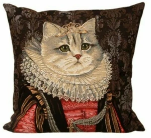 NEW CAT WITH CROWN C 18" X 18" BELGIAN TAPESTRY CUSHION COVER WITH ZIP, 3041 - Picture 1 of 3