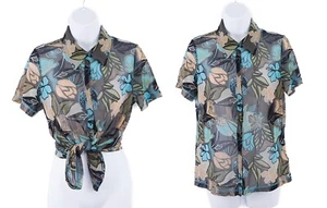 Mexx Y2K Sheer Mesh Short Sleeve Shirt Top Retro Floral Print Brown Blue XL 16 - Picture 1 of 11