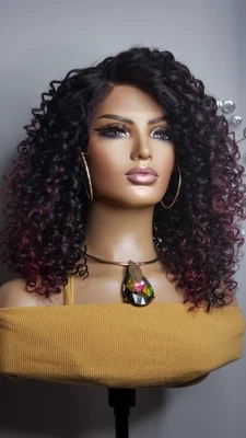 New Human Hair Blend Curly Afro Style Lace Front Wig 99j Burgundy Red Wine Ombre - Image 1 of 4