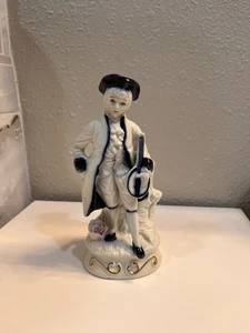 Vtg Colonial Style Man Playing Mandolin Figurine Cobalt Blue & White Porcelain - Picture 1 of 3