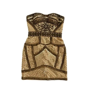Tony Bowls Gold Champagne Beaded Sequin Cocktail Strapless Mini Dress Size 6 - Picture 1 of 18