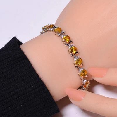 Yellow Sapphire & CZ Simulated 925 Sterling Silver Tennis Bracelet 7.99" B37 - Image 1 of 4