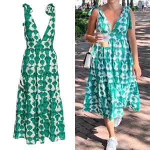 Maxi Vestido House of Harlow 1960 Mezcla de Lino Cuello en V Blanco Verde XL - Imagen 1 de 8