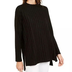 Top túnica acanalada Eileen Fisher para mujer talla M dobladillo dividido negro cuello simulado Lyocell - Imagen 1 de 11