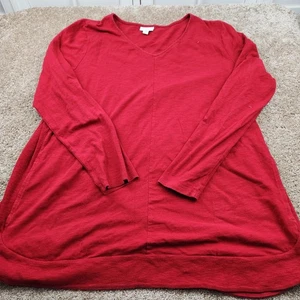J. Jill Top Womens XL Red Rib Knit Shirt Cotton Blend Front Pockets V Neck - Picture 1 of 8