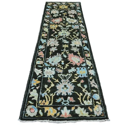 3'x9'9" Black Angora Oushak Leaf Design Hand Knotted Pure Wool Runner Rug G20220 - Image 1 of 4