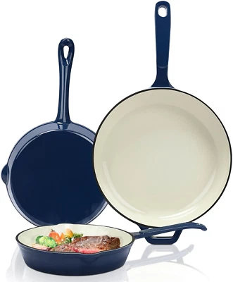 Enameled Cast Iron Frying Pan Set,3 Piece Set of Skillets,Nonstick Fry Pan Set