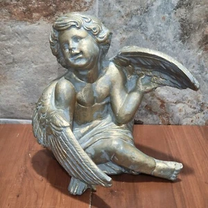 Gold Resin Shelf Sitting Cherub Angel Figure Gold Faux Aged Patina - Picture 1 of 13