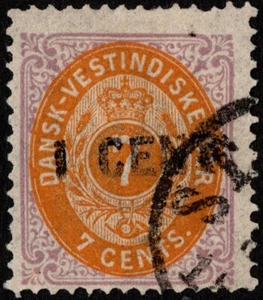 Danish West Indies - 1887 - 1 Cent on 7 Cents Numeral of Value #14 Town Cancel - Picture 1 of 1