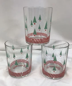 Set of 3 Double Old Fashioned Glasses with Christmas Trees White Dot Red Stripes - Picture 1 of 7