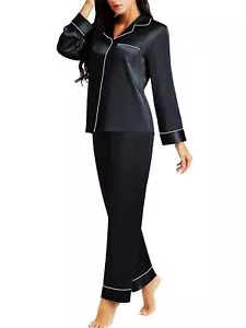 Womens Silk Satin Pajamas Set Sleepwear Loungewear Black S - Picture 1 of 6