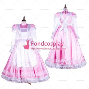 Vestido largo de satén rosa bloqueable sissy maid delantal blanco hecho a medida - Imagen 1 de 1