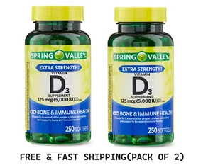 2 Pack Spring Valley Vitamin D3 Softgels, 125 mcg per Softgel, 5,000 IU, 250 Ct - Picture 1 of 1
