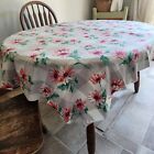 Vintage Cotton Fabric Gray Red Pink Daisies 36W Fabric Tablecloth 0049