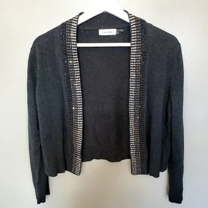 Calvin Klein Cardigan Womens Size Medium Rhinestone Cropped Charcoal Gray Shrug - Picture 1 of 9
