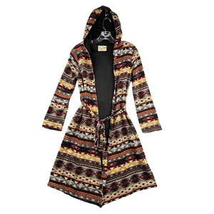 DejaVu Hooded Cardigan Sweater Womens Medium Geometric Print Tie Waist Duster - Picture 1 of 5