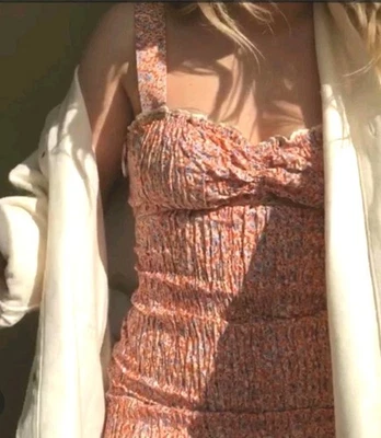 Vestido ZARA Ditzy Floral Naranja y Lila Calado Mini Talla XS Algodón Bohemio Foto 1 de 4