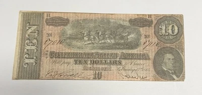 Billete de moneda confederada de $10 de 1864 (T-58) nítido en estado bastante bueno+ con funda, billete CSA Foto 1 de 2