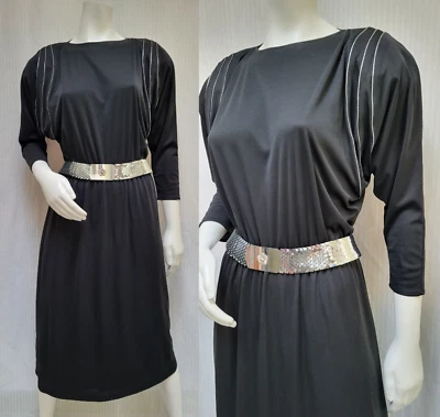 Vestido tejido jersey negro vintage años 70/80 con detalle de ribete plateado - Talla M Foto 1 de 4