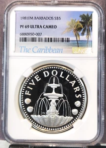 1981 BARBADOS SILVER 5 DOLLARS FOUNTAIN NGC PF 69 ULTRA CAMEO 835 MINTED TOP POP - Picture 1 of 3