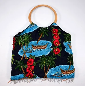 Hawaiian Purse Double Bamboo Handles Hibiscus Floral Catamaran Beaded Fringe - Picture 1 of 15