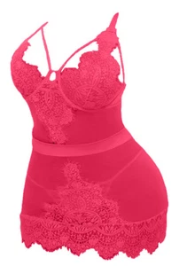 Sexy Lingerie Plus Size Pink Lace Chemise Set Sleepwear XL 2XL 3XL - Picture 1 of 3