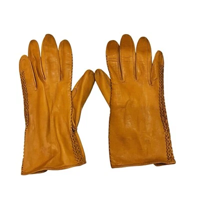 Tan Leather Women's Gloves With Braided Sides Made in Italy Size XS Vintage - Image 1 of 3