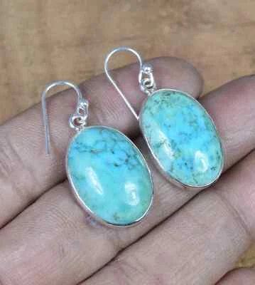 Solid 925 Sterling Silver Natural Turquoise Oval Gemstone Women Earrings For Her - Image 1 of 4