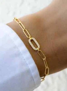 Lab Created Diamond 0.50Ct Women Paper Clip Bracelet 14K Yellow Gold Plated 7"in - Picture 1 of 5