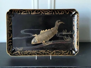 Large Japanese Lacquer Tray with Maki-e Carp Design Meiji Period - Picture 1 of 11