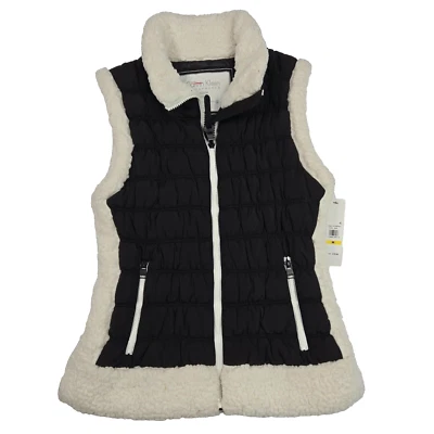 Womens M Calvin Klein Performance Black Puffer Quilted Vest Sherpa Faux Fur NWT - Image 1 of 4